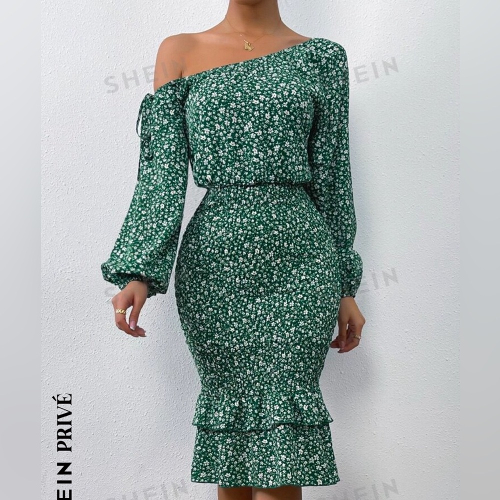 SHEIN Privé Ditsy Floral Asymmetrical Neck Lantern Sleeve Layered Hem Dress